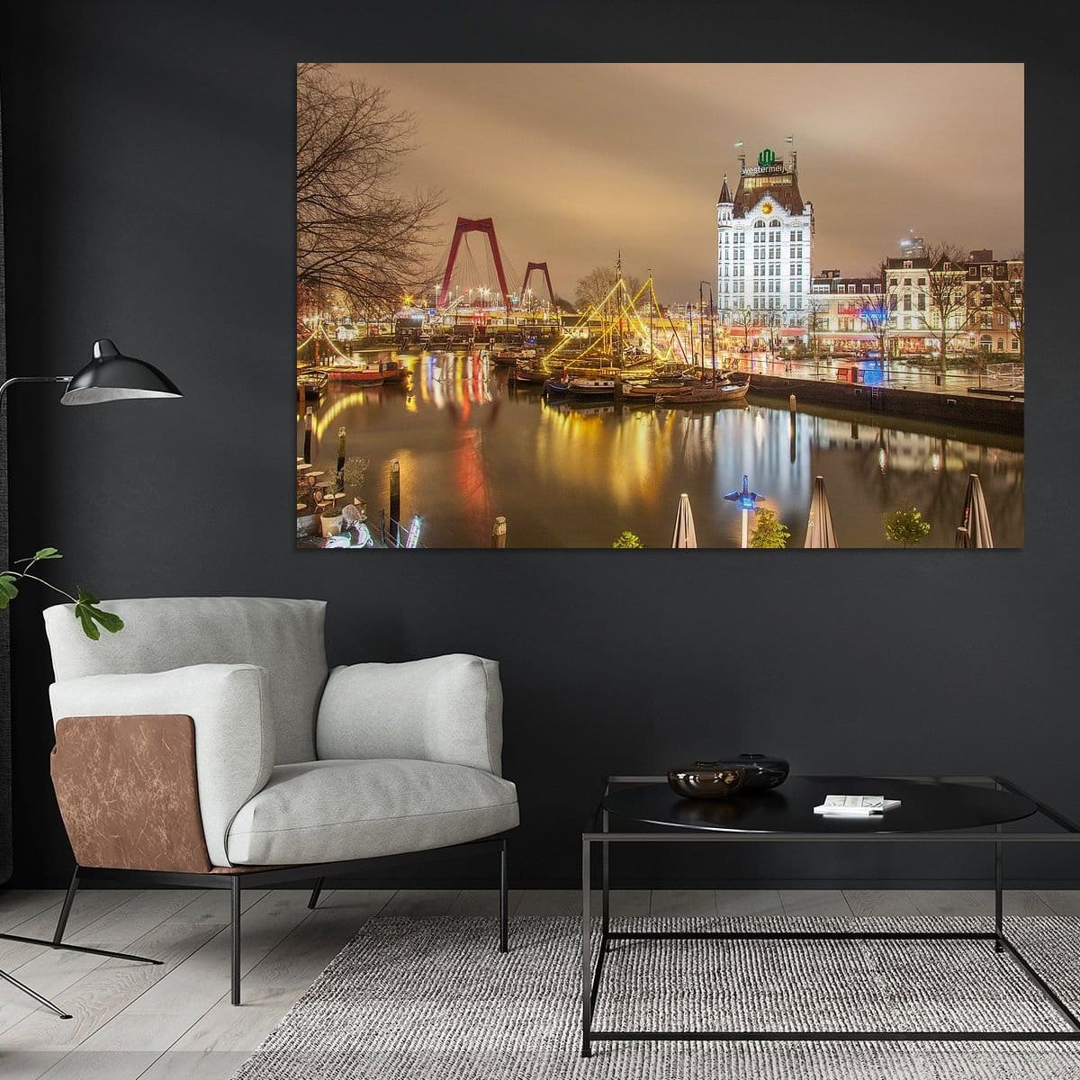 Foto als kunst aan de muur De Oude Haven in Rotterdam feestelijk verlicht Ad Van Koppen Fotografie 1200x1200 Dark chair pinterestSquarePin Foto als kunst aan de muur De Oude Haven in Rotterdam feestelijk verlicht boven een stoel Dark Chair.